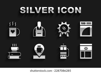 Set Location with coffee cup, Coffee paper filter, Bag beans, French press, and book, Medal for, heart and Barista icon. Vector