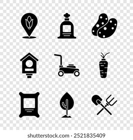 Set Location corn, Full sack, Potato, Fertilizer bag, Tree, Shovel and rake, Bird house and Lawn mower icon. Vector