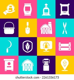 Set Location corn, Wooden box, Gardening handmade scissors, Full sack, trowel spade shovel, Basket, Farm house and  icon. Vector