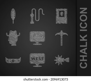 Set Location cowboy, Pointer to wild west, Spur, Pickaxe, Kayak or canoe and paddle, Cowboy, Wanted western poster and Indian feather icon. Vector