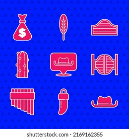 Set Location cowboy, Tooth, Western hat, Saloon door, Pan flute, Cactus,  and Money bag icon. Vector