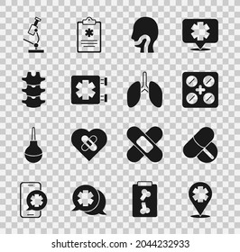 Set Location with cross hospital, Medicine pill or tablet, Pills blister pack, Sore throat, Medical symbol of the Emergency, Human spine, Microscope and Lungs icon. Vector