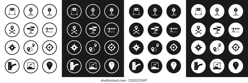 Set Location with cross hospital, Road traffic sign, Parking car barrier, Speed limit, Compass and Wind rose icon. Vector