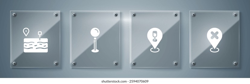 Set Location with cross mark, Alcohol or beer bar location, Push pin and Broken road. Square glass panels. Vector