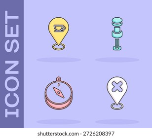 Ort mit Kreuz, Kaffeetasse, Kompass und Push-Pin-Symbol festlegen. Vektorgrafik