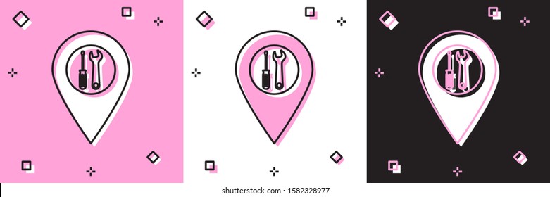 Set Location with crossed screwdriver and wrench tools icon isolated on pink and white, black background. Pointer settings symbol.  Vector Illustration