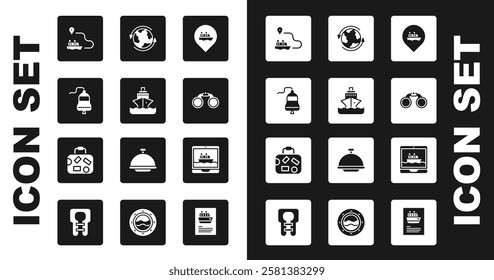 Set Location with cruise ship, Cruise, Ship bell, line path, Binoculars, Worldwide,  and Suitcase icon. Vector