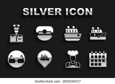 Set Location with cruise ship, Cruise, Calendar, Cook, Glasses, Captain of and hat icon. Vector