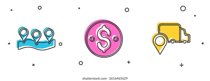 Set Location, Dollar symbol and Delivery tracking icon. Vector