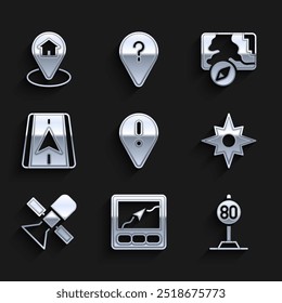 Set Location with exclamation mark, Gps device map, Speed limit traffic, Wind rose, Satellite, City navigation,  and house icon. Vector
