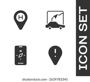 Set Location with exclamation mark, Helicopter landing pad, Compass mobile and City map navigation icon. Vector