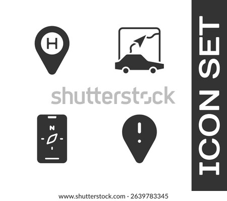 Set Location with exclamation mark, Helicopter landing pad, Compass mobile and City map navigation icon. Vector