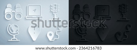 Set Location with exclamation mark, Traffic light, Earth globe, Route location, Laptop marker and Binoculars icon. Vector