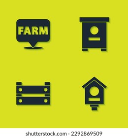 Set Location farm, Bird house, Wooden box and Hive for bees icon. Vector