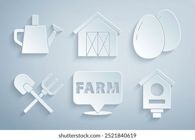 Set Location farm, Chicken egg, Shovel and rake, Bird house, Farm and Watering can icon. Vector