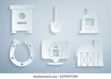 Set Location farm house, Full sack, Horseshoe, Farm, Shovel and Hive for bees icon. Vector