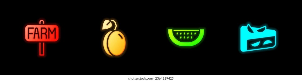 Set Location farm, Plum fruit, Watermelon and Homemade pie icon. Vector