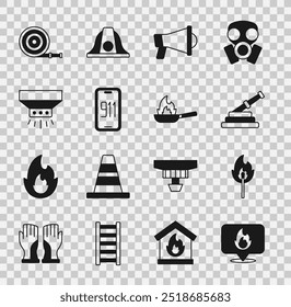 Defina o local com chama de fogo, partida de queimada, bobina de mangueira de fogo, Megafone, chamada de emergência móvel 911, sistema de aspersão e ícone Pan. Vetor