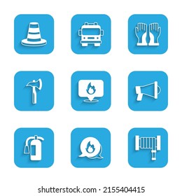 Set Location with fire flame, Emergency call, Fire hose reel, Megaphone, extinguisher, Firefighter axe, gloves and Traffic cone icon. Vector