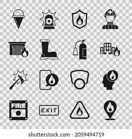 Set Location with fire flame, Firefighter, in burning buildings, protection shield, boots, garage, cone bucket and extinguisher icon. Vector