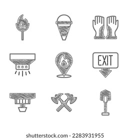 Set Location with fire flame, Firefighter axe, shovel, exit, Smoke alarm system, sprinkler, gloves and Burning match icon. Vector