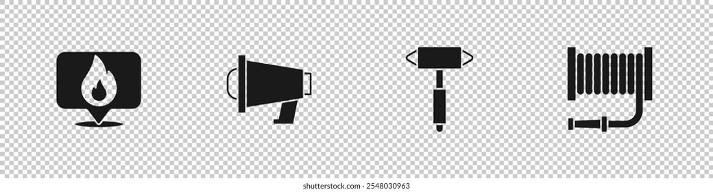Establecer la Locación con llama de fuego, megáfono, hacha de bombero y el icono de carrete de manguera. Vector