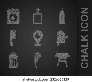 Set Location with fire flame, Rib eye steak, Barbecue grill, Oven glove, Salt, Meat chopper, Sauce bottle and coal bag icon. Vector