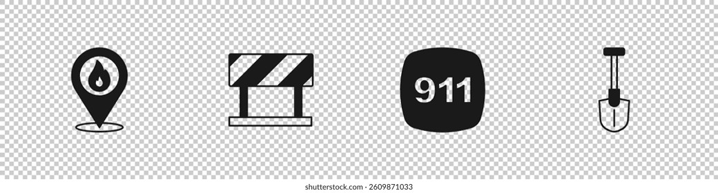 Set Location with fire flame, Road barrier, Emergency call 911 and Fire shovel icon. Vector