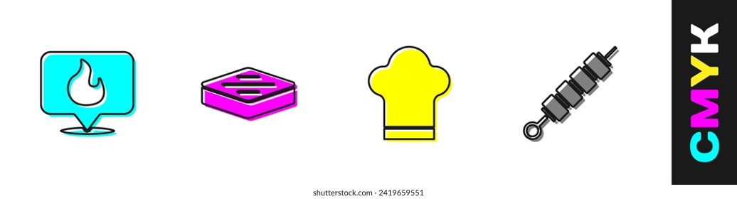Set Location with fire flame, Steak meat, Chef hat and Grilled shish kebab icon. Vector