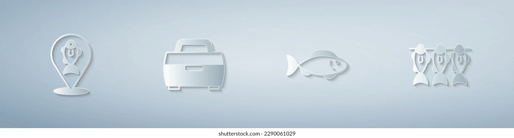 Set Location fishing, Case or box for equipment, Fish and Dried. Paper art style. Vector