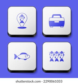 Set Location fishing, Case or box for equipment, Fish and Dried icon. White square button. Vector
