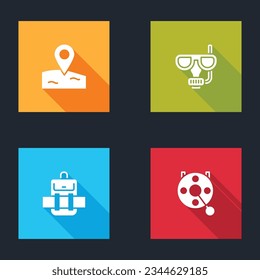 Set Location fishing, Diving mask and snorkel, Hiking backpack and Spinning reel for icon. Vector