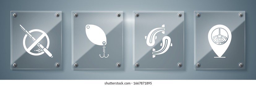 Set Location fishing, Fish, Fishing spoon and No fishing. Square glass panels. Vector