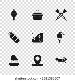 Set Location fishing, Fishing float, Inflatable boat with motor, Crossed oars paddles, Case box for equipment and Aqualung icon. Vector