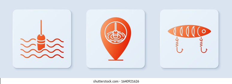 Set Location fishing, Fishing float in water and Fishing lure. White square button. Vector