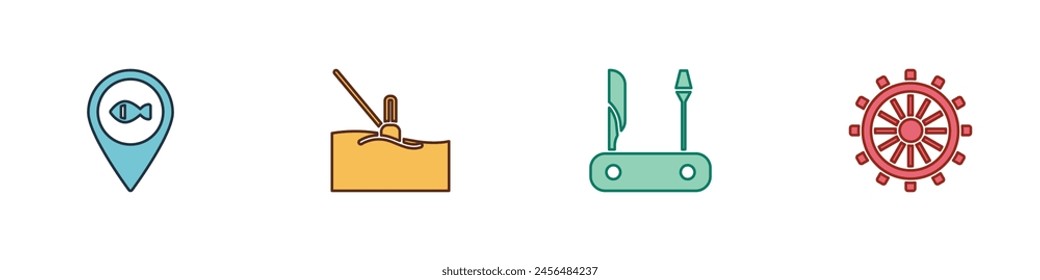 Set Location fishing, Fishing float water, Swiss army knife and Ship steering wheel icon. Vector