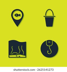 Set Location fishing, Fishing hook, Aquarium and bucket icon. Vector