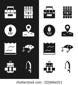 Set Location fishing, Fishing hook, Case container for wobbler, Detonate dynamite bomb stick, Aquarium, lure, rod and Hiking backpack icon. Vector