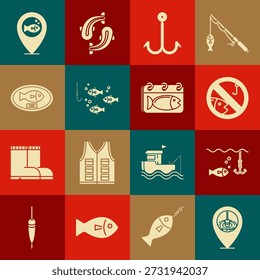 Fije la pesca de la Locación, el anzuelo bajo el agua con, No, el trofeo que cuelga el tablero, y el icono del calendario. Vector