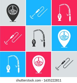 Set Location fishing, Fishing line with hook and float and Fishing rod and fish icon. Vector