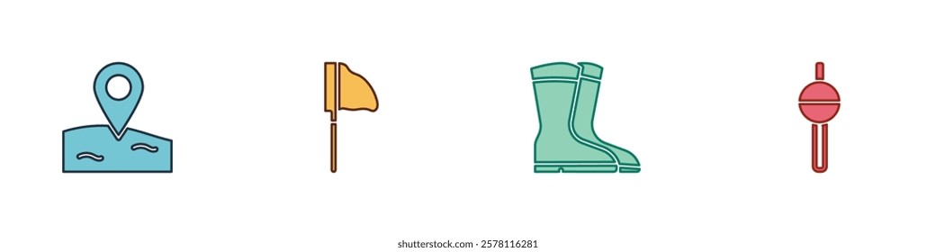 Set Location fishing, Fishing net with, boots and float icon. Vector