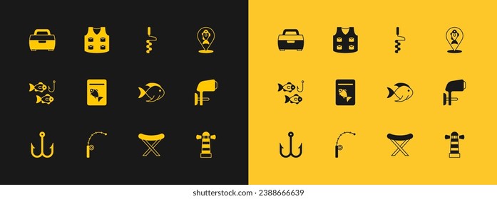 Set Location fishing, Fishing rod, Camping folding chair, Served plate, Hand ice drill, Case or box for equipment and jacket icon. Vector