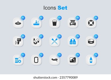 Set Location fishing, Worm, Fisherman boat, Spinning reel for, Bottle of vodka, Canned, Fishing float water and Crossed oars paddles icon. Vector