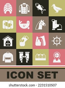 Set Location flag Iceland, Ship steering wheel, Winter warm boot, Fish, Fur seal animal, Map of, steak and Horse icon. Vector