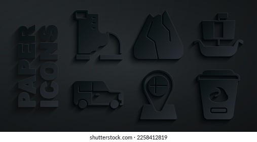 Set Location flag Iceland, Viking ship Drakkar, Car, Yogurt container, Mountains and Winter warm boot icon. Vector