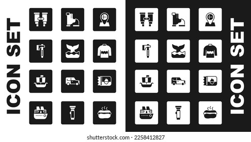 Set Location flag Iceland, Whale tail, Wooden axe, Binoculars, Sweater, Winter warm boot, Ticket and Viking ship Drakkar icon. Vector