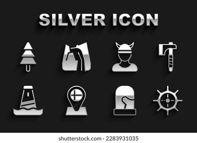 Set Location flag Iceland, Wooden axe, Ship steering wheel, Christmas mittens, Lighthouse, Viking head, Tree and Waterfall icon. Vector