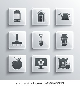 Set Location with flower, Apple in the sack, Garden light lamp, Shovel, rake, Fertilizer bag and Watering can icon. Vector