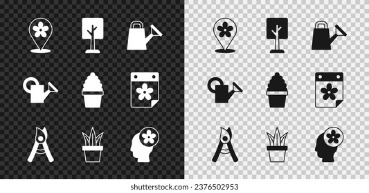 Set Location with flower, Forest, Watering can, Gardening handmade scissors, Plant pot, Human head inside,  and Cactus peyote icon. Vector