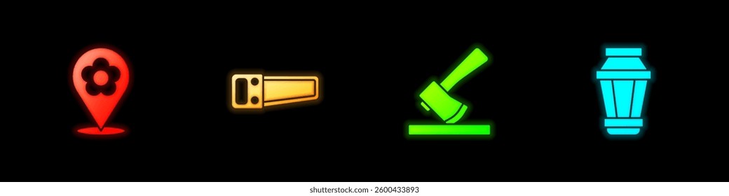 Set Location with flower, Hand saw, Wooden axe and Garden light lamp icon. Vector
